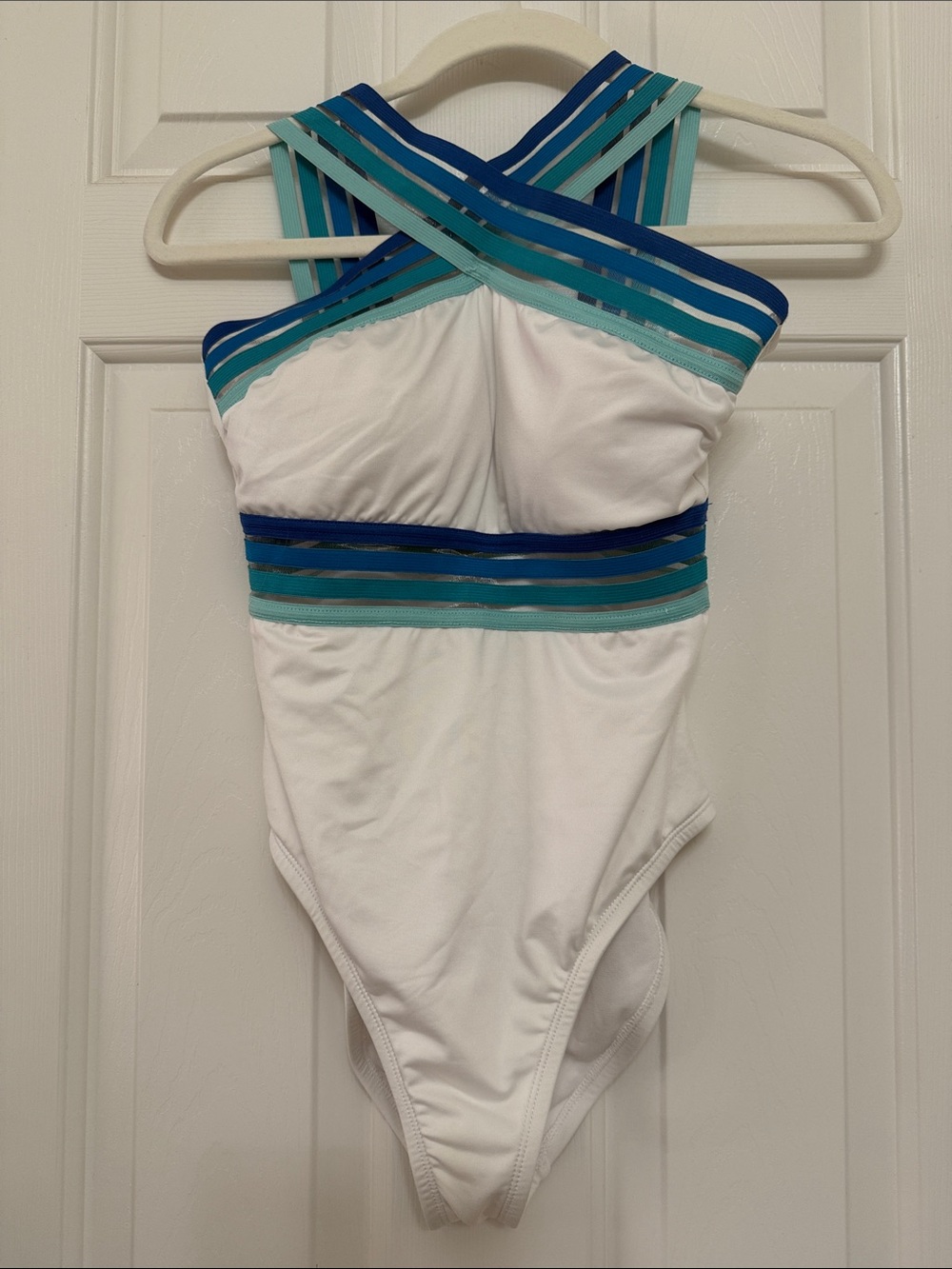 Kenneth Cole White One-Piece Swimsuit with Teal and Blue Trim